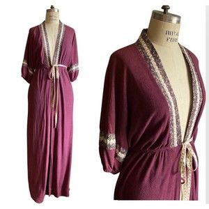 Vintage 70s Prairie Terry Cloth Robe S Dress Bishop Sleeve Cottagecore Floral